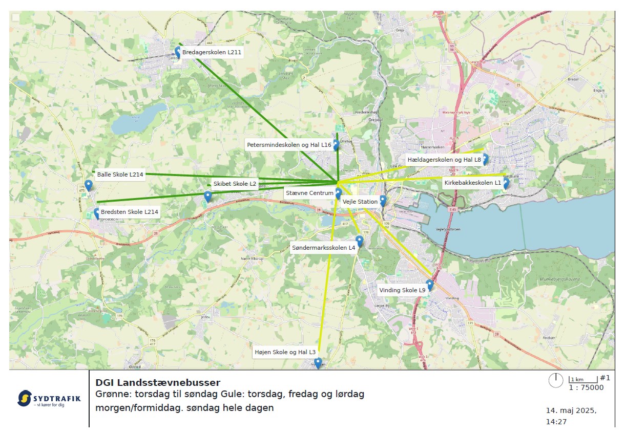 Sydtrafiks Kort Over Landsstævnebusser Morgen Og Formiddag Og Søndag Hele Dagen